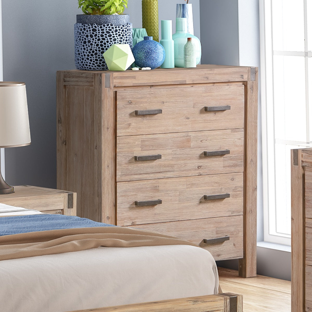 Tallboy with 4 Storage Drawers Assembled in Oak Colour Solid Wooden - Cosy Abode