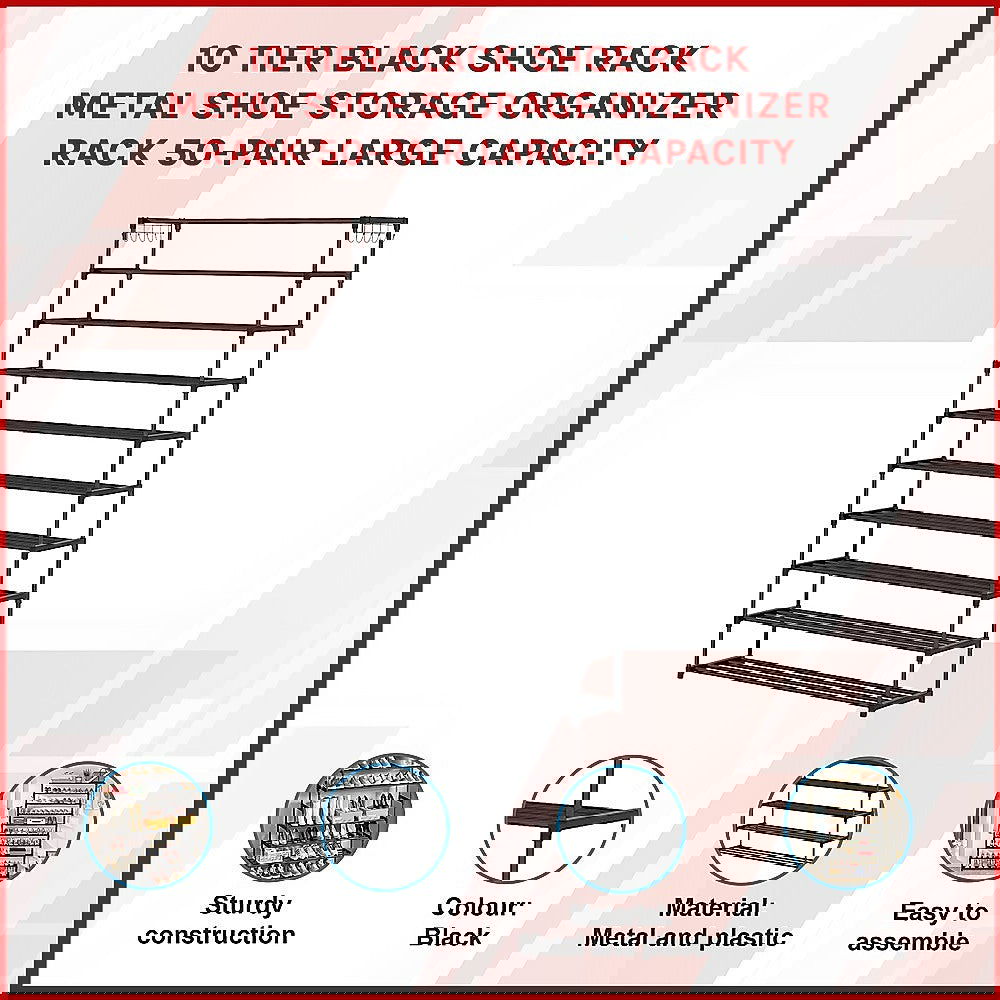 10 Tier Black Shoe Rack Metal Shoe Storage Organizer Rack 50-Pair Large Capacity - Cosy Abode