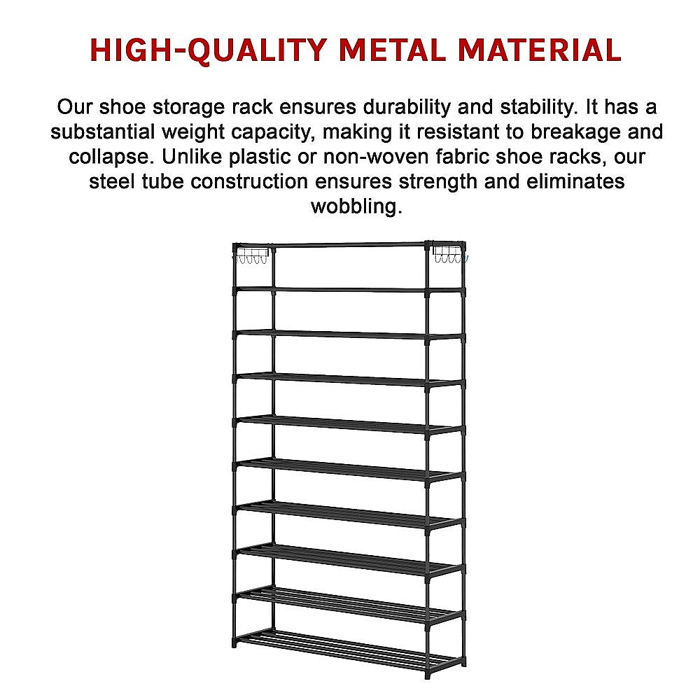 10 Tier Black Shoe Rack Metal Shoe Storage Organizer Rack 50-Pair Large Capacity - Cosy Abode
