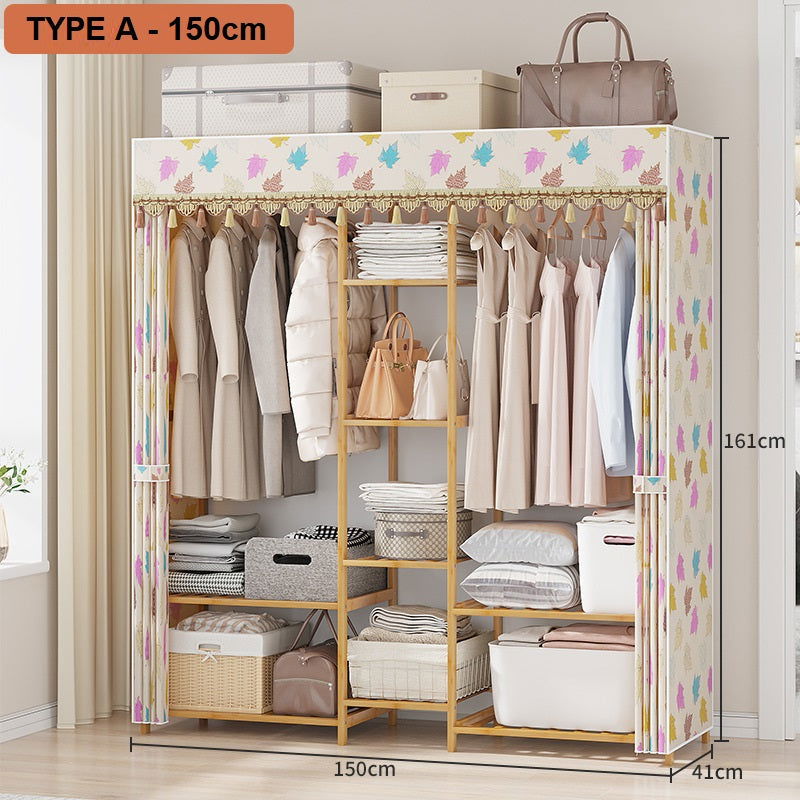 120cm Width Bamboo Clothes Rack Garment Closet Storage Organizer Hanging Rail Shelf Fabric Dustproof Cover - Cosy Abode