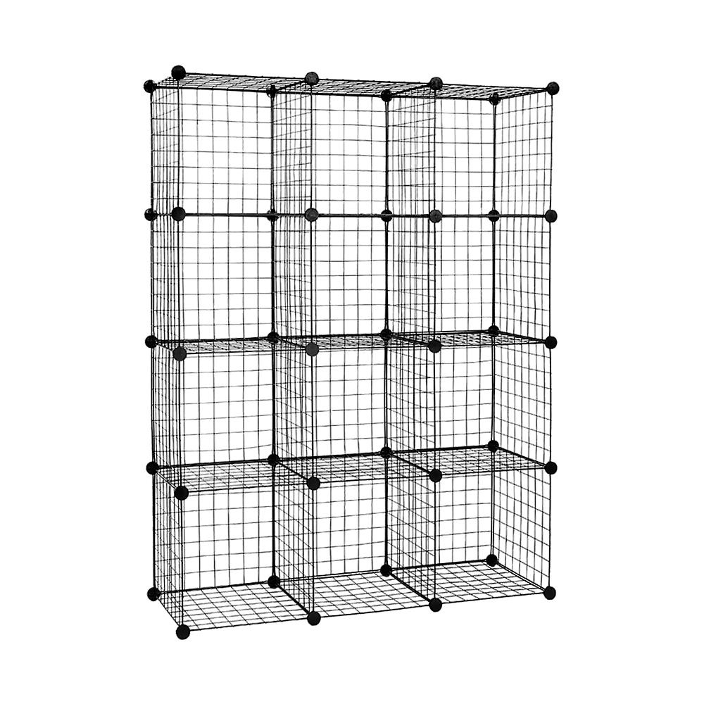 12 Cube Wire Grid Organiser Bookcase Storage Cabinet Wardrobe Closet Black - Cosy Abode