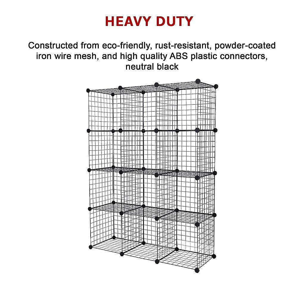 12 Cube Wire Grid Organiser Bookcase Storage Cabinet Wardrobe Closet Black - Cosy Abode