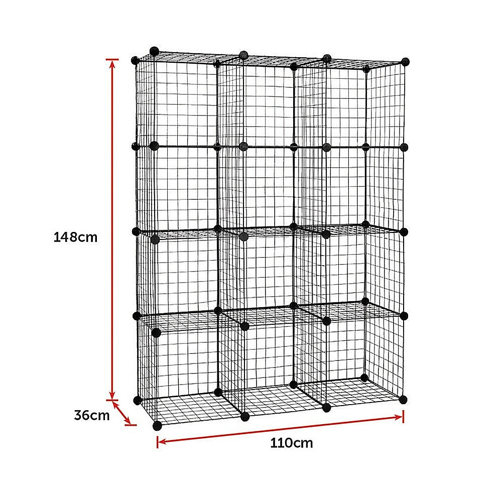 12 Cube Wire Grid Organiser Bookcase Storage Cabinet Wardrobe Closet Black - Cosy Abode
