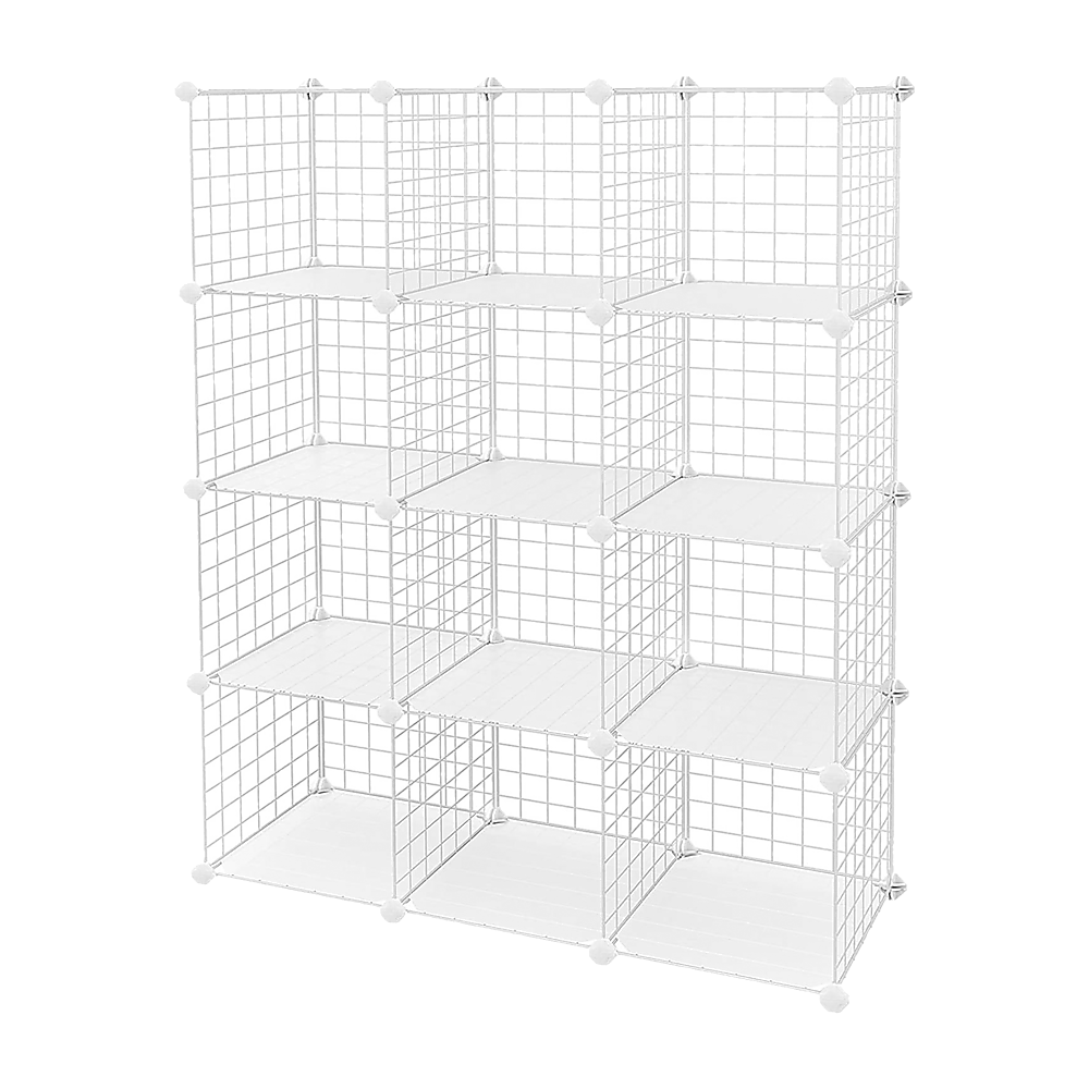 12 Cube Wire Grid Organiser Bookcase Storage Cabinet Wardrobe Closet White - Cosy Abode