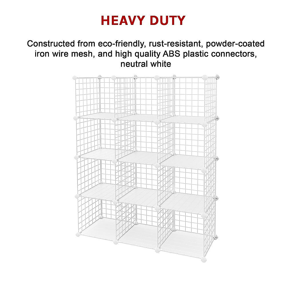 12 Cube Wire Grid Organiser Bookcase Storage Cabinet Wardrobe Closet White - Cosy Abode