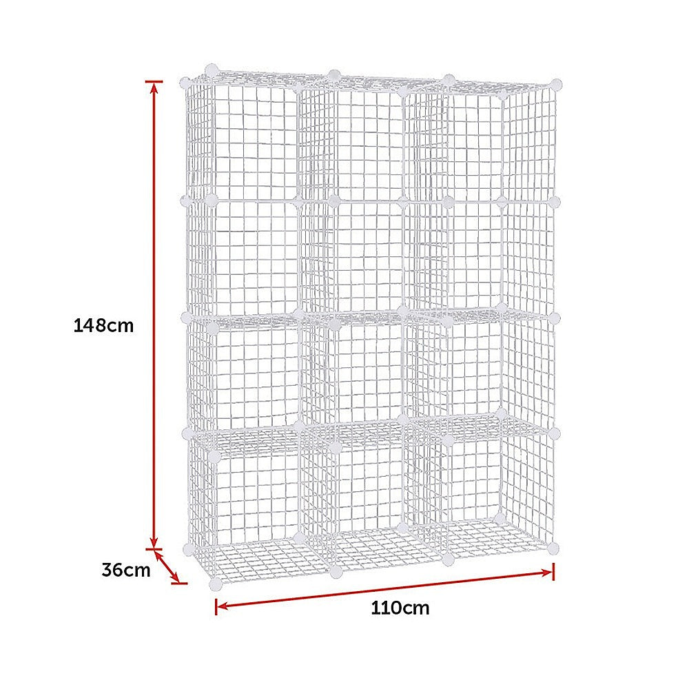 12 Cube Wire Grid Organiser Bookcase Storage Cabinet Wardrobe Closet White - Cosy Abode