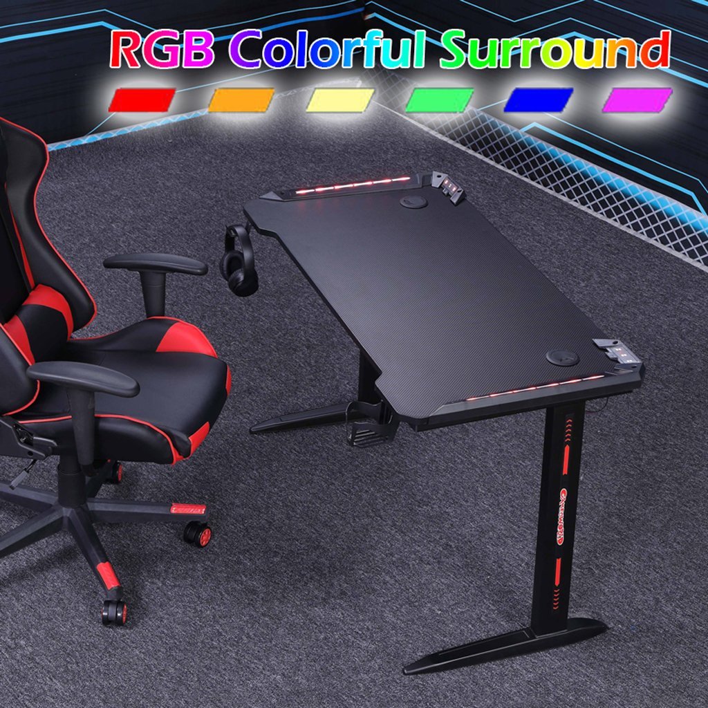 140cm RGB Gaming Desk Home Office Carbon Fiber Led Lights Game Racer Computer PC Table L-Shaped Black - Cosy Abode