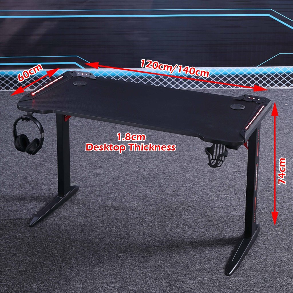 140cm RGB Gaming Desk Home Office Carbon Fiber Led Lights Game Racer Computer PC Table L-Shaped Black - Cosy Abode