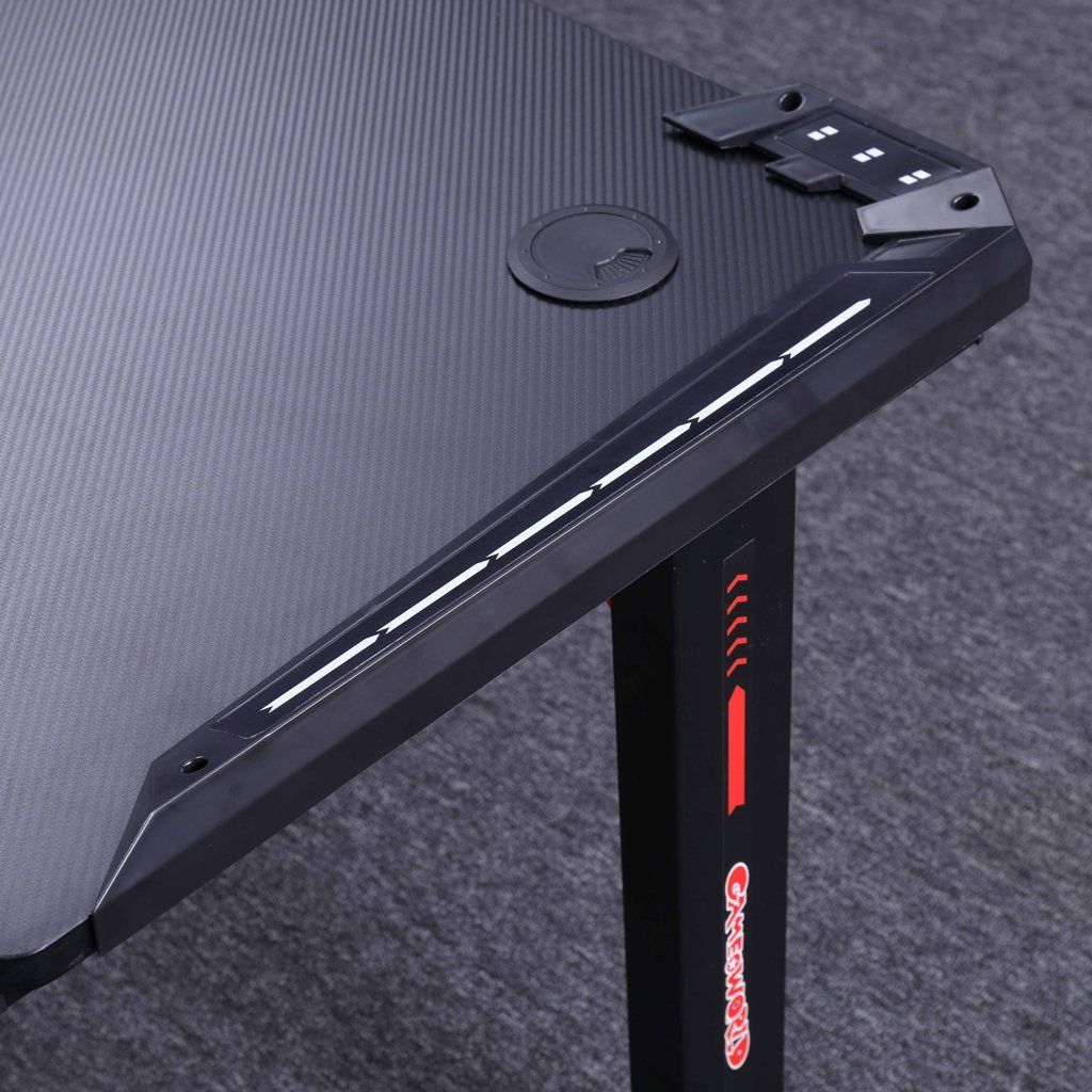 140cm RGB Gaming Desk Home Office Carbon Fiber Led Lights Game Racer Computer PC Table L-Shaped Black - Cosy Abode