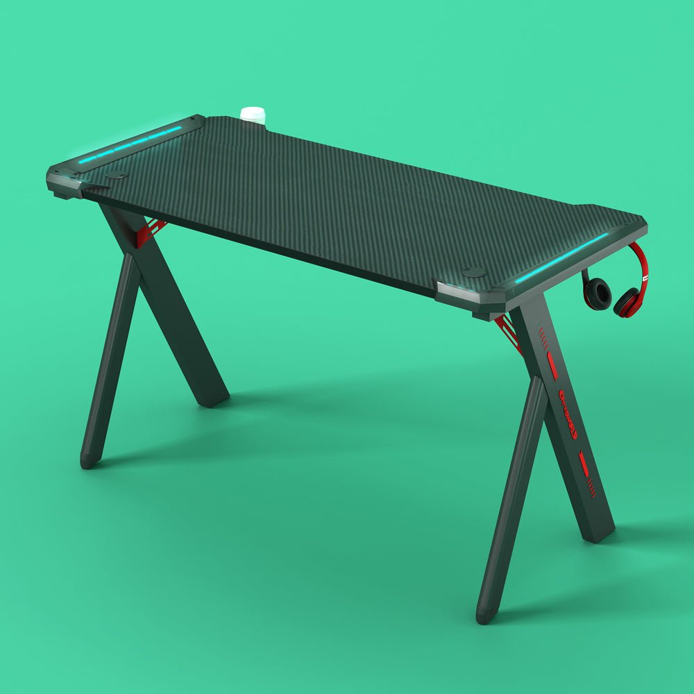 140cm RGB Gaming Desk Home Office Carbon Fiber Led Lights Game Racer Computer PC Table Y-Shaped Black - Cosy Abode