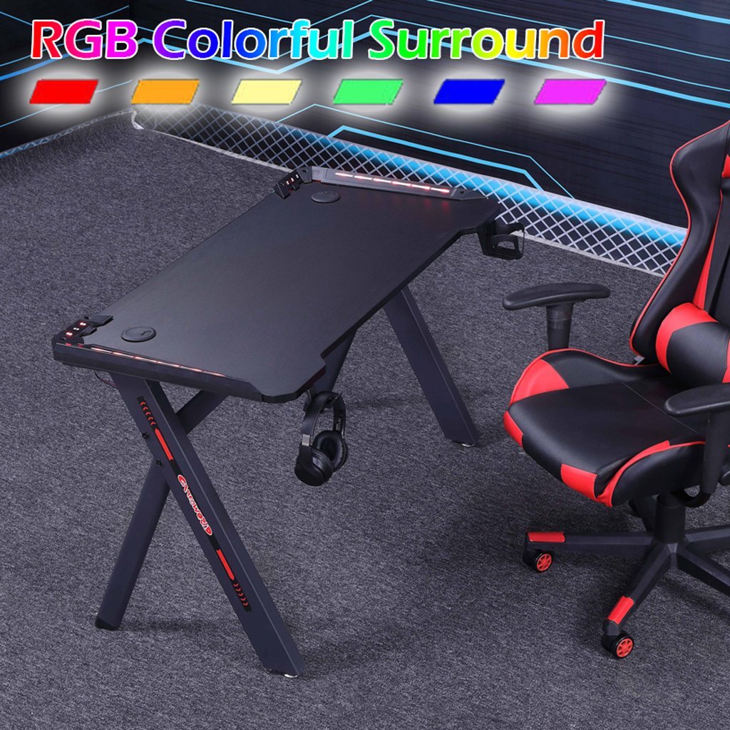 140cm RGB Gaming Desk Home Office Carbon Fiber Led Lights Game Racer Computer PC Table Y-Shaped Black - Cosy Abode