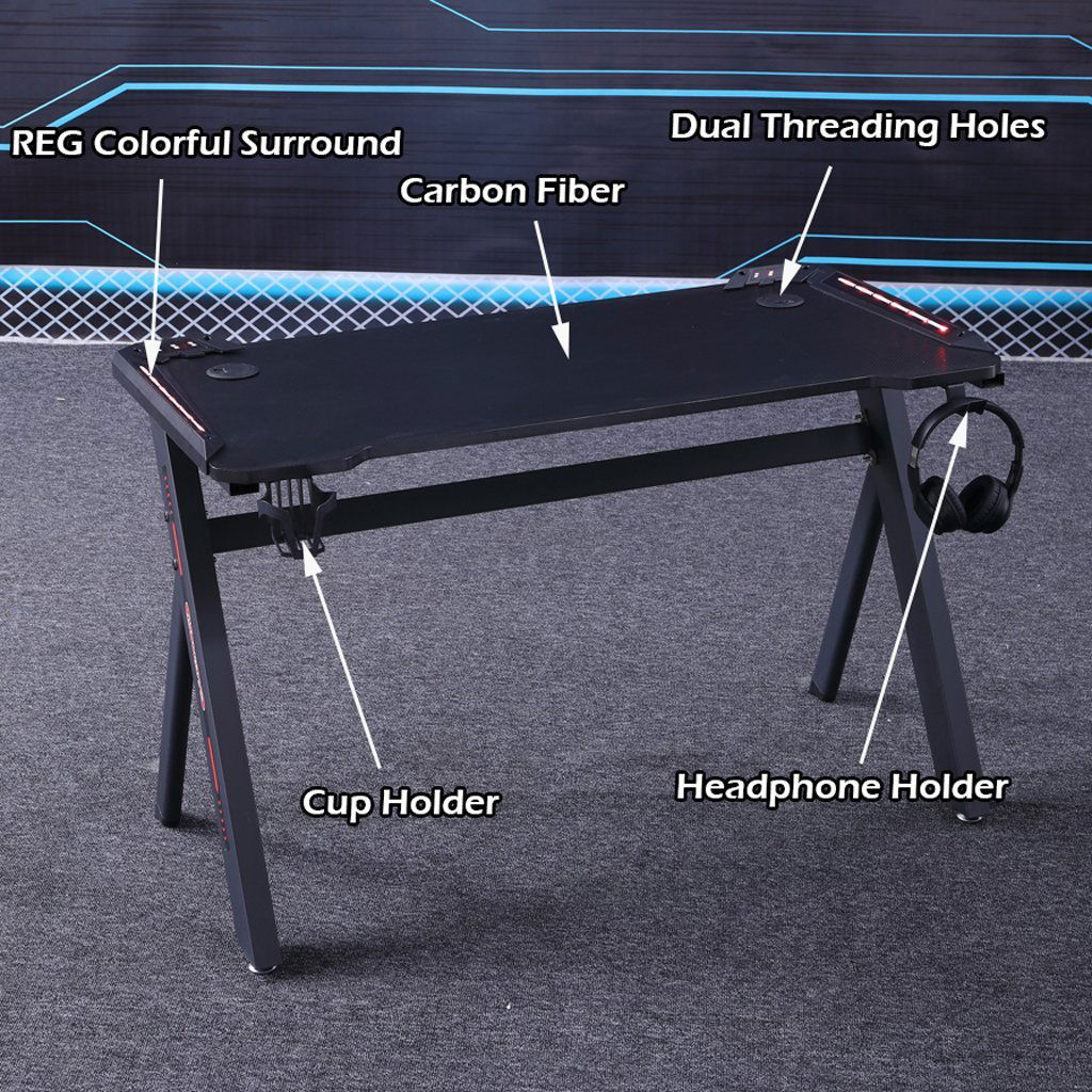 140cm RGB Gaming Desk Home Office Carbon Fiber Led Lights Game Racer Computer PC Table Y-Shaped Black - Cosy Abode