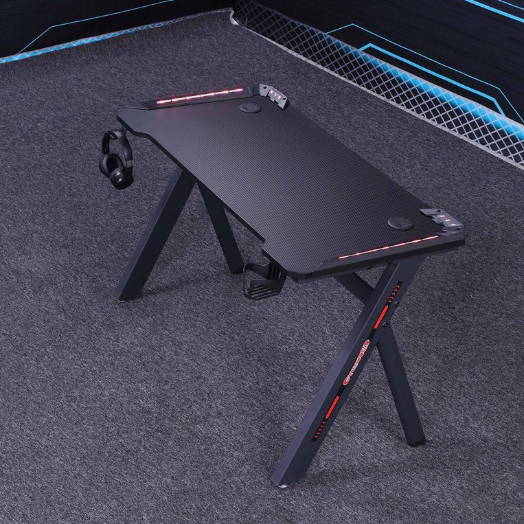 140cm RGB Gaming Desk Home Office Carbon Fiber Led Lights Game Racer Computer PC Table Y-Shaped Black - Cosy Abode