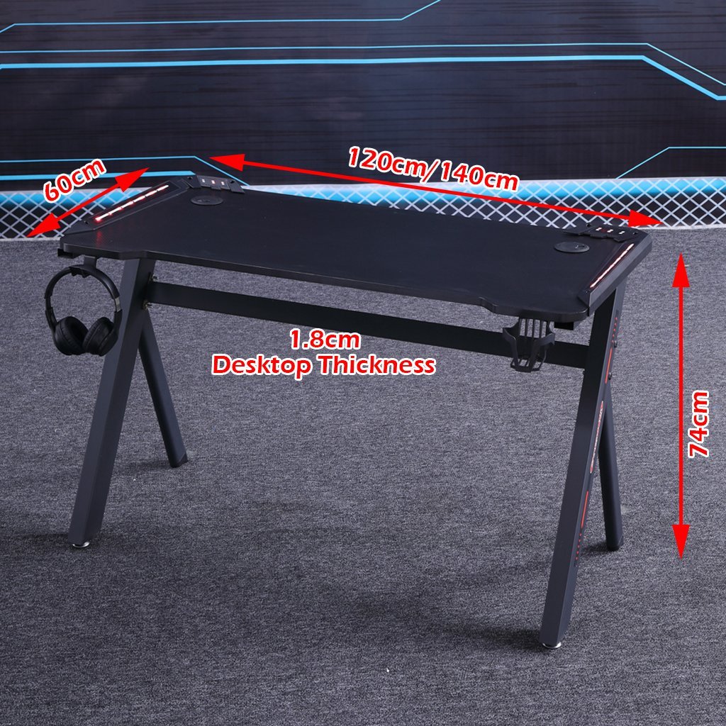 140cm RGB Gaming Desk Home Office Carbon Fiber Led Lights Game Racer Computer PC Table Y-Shaped Black - Cosy Abode