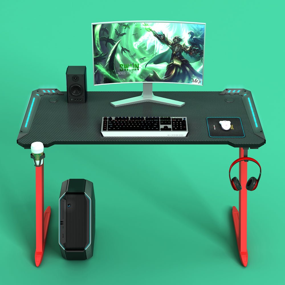 140cm RGB Gaming Desk Home Office Carbon Fiber Led Lights Game Racer Computer PC Table Z-Shaped Red - Cosy Abode