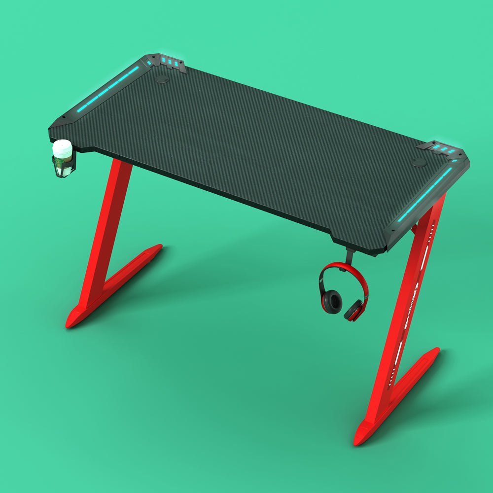 140cm RGB Gaming Desk Home Office Carbon Fiber Led Lights Game Racer Computer PC Table Z-Shaped Red - Cosy Abode