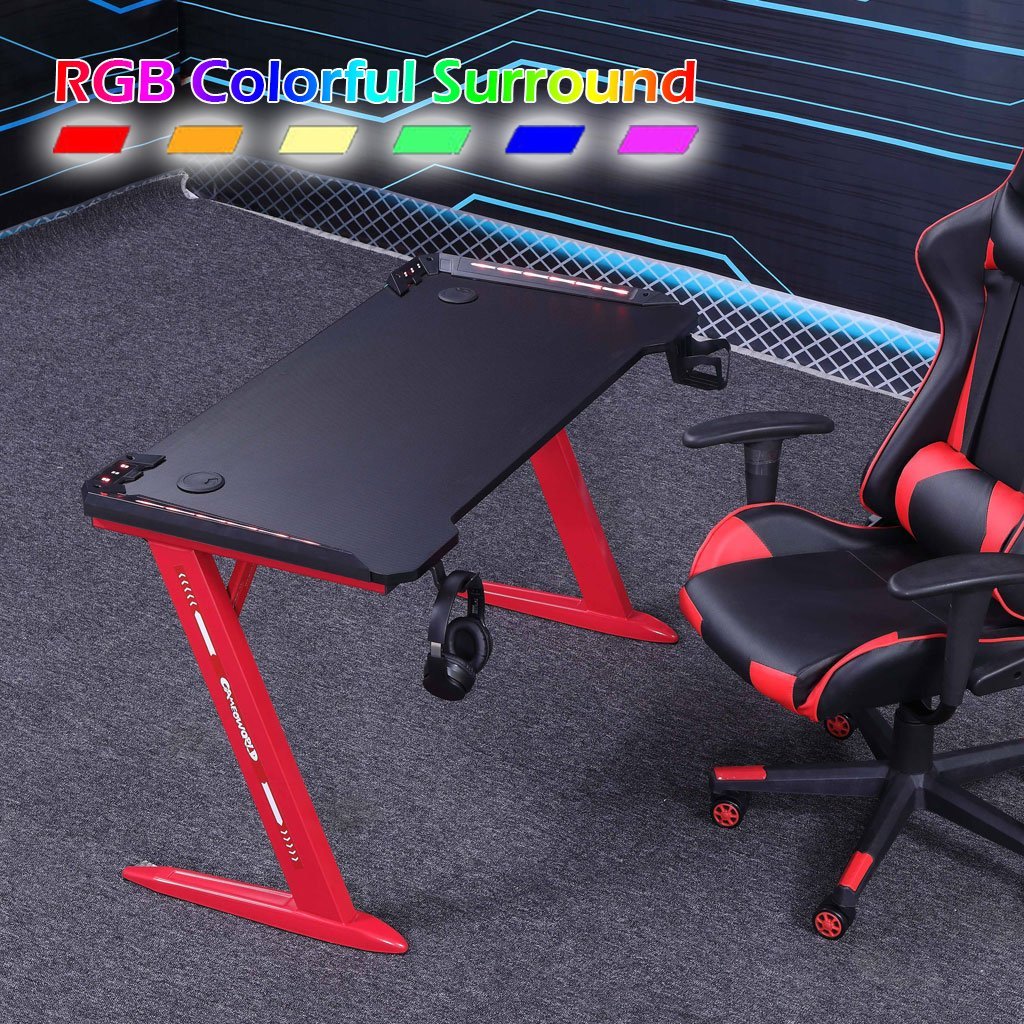 140cm RGB Gaming Desk Home Office Carbon Fiber Led Lights Game Racer Computer PC Table Z-Shaped Red - Cosy Abode