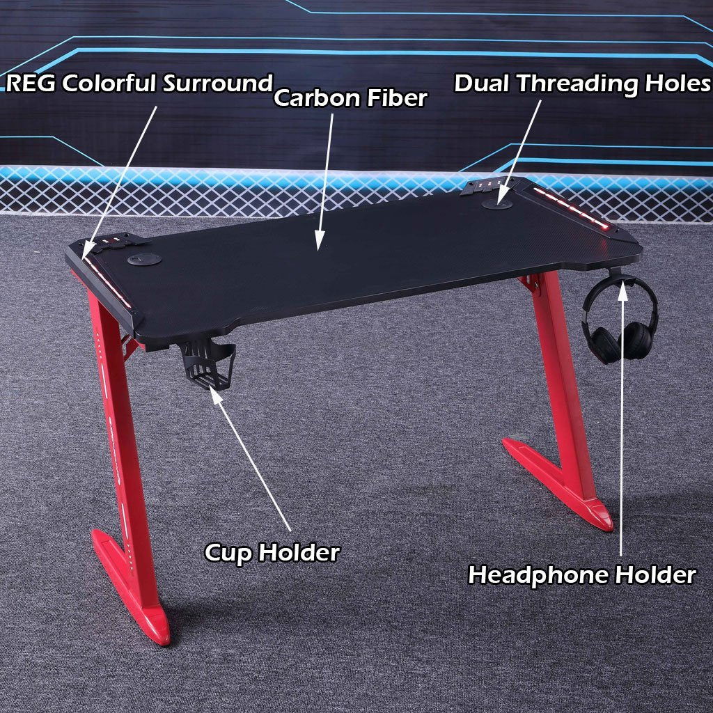 140cm RGB Gaming Desk Home Office Carbon Fiber Led Lights Game Racer Computer PC Table Z-Shaped Red - Cosy Abode