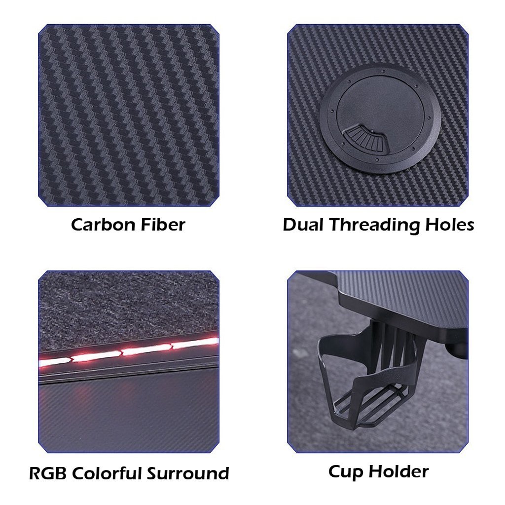 140cm RGB Gaming Desk Home Office Carbon Fiber Led Lights Game Racer Computer PC Table Z-Shaped Red - Cosy Abode
