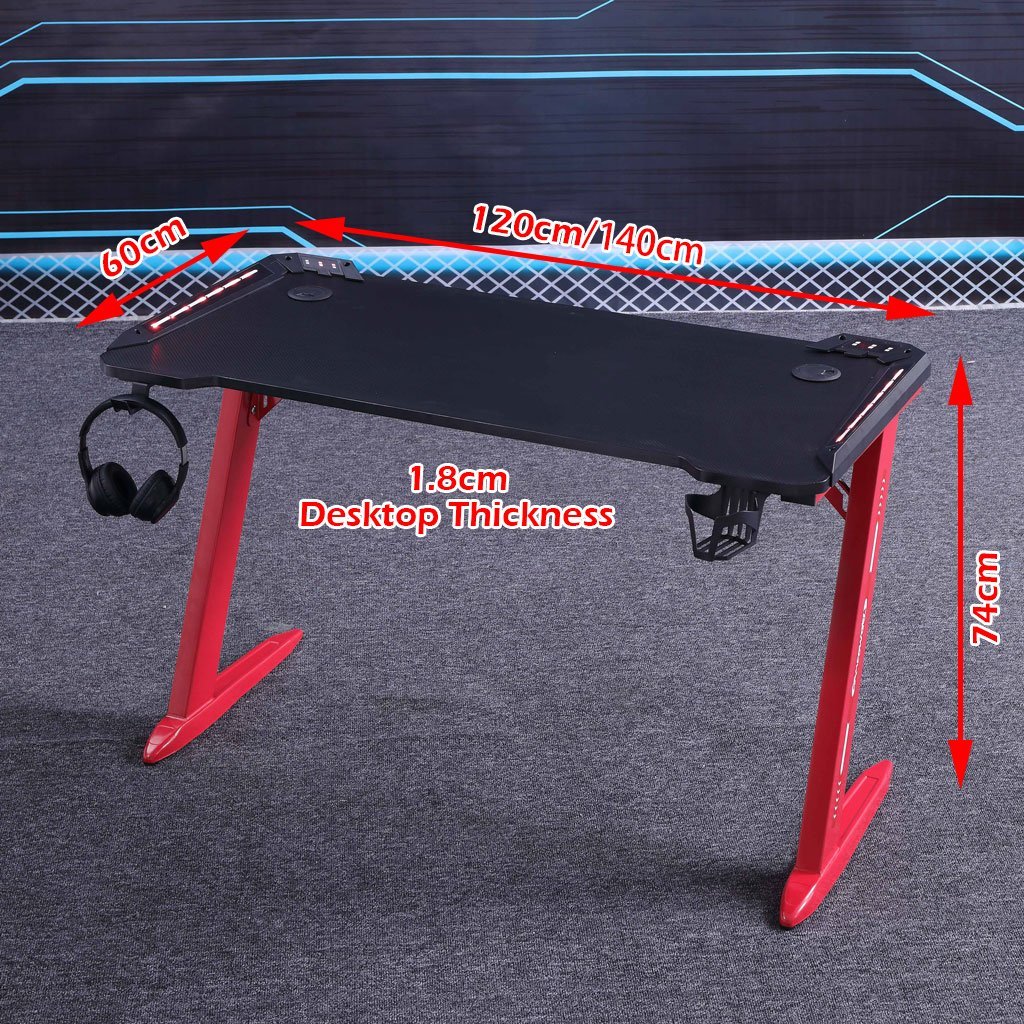 140cm RGB Gaming Desk Home Office Carbon Fiber Led Lights Game Racer Computer PC Table Z-Shaped Red - Cosy Abode