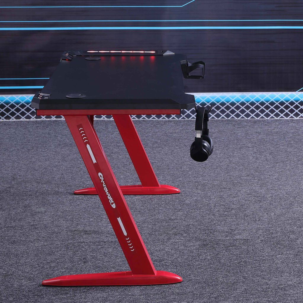 140cm RGB Gaming Desk Home Office Carbon Fiber Led Lights Game Racer Computer PC Table Z-Shaped Red - Cosy Abode
