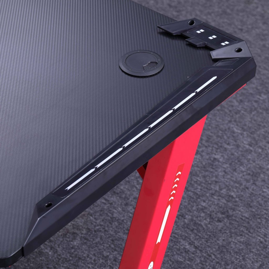 140cm RGB Gaming Desk Home Office Carbon Fiber Led Lights Game Racer Computer PC Table Z-Shaped Red - Cosy Abode