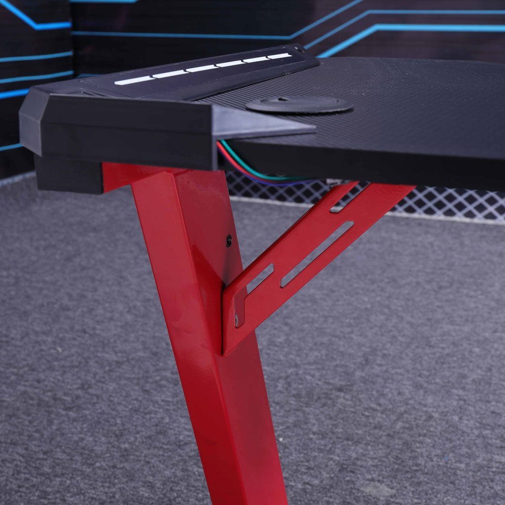 140cm RGB Gaming Desk Home Office Carbon Fiber Led Lights Game Racer Computer PC Table Z-Shaped Red - Cosy Abode