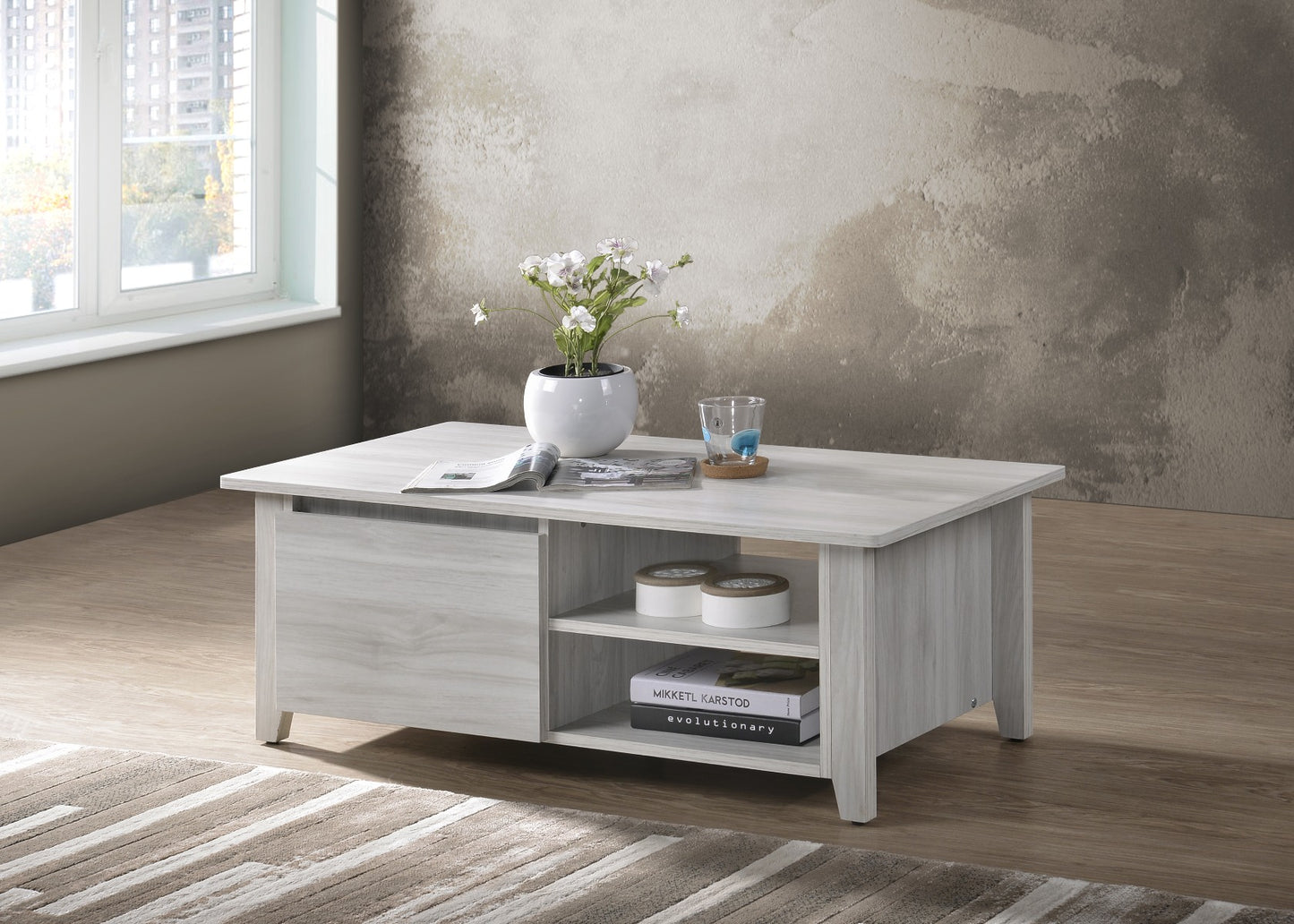 Coffee Table With Open Drawer In White Oak - Cosy Abode