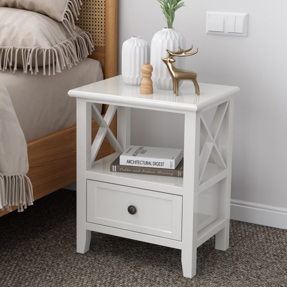 2-tier Bedside Table with Storage Drawer 2 PC Rustic White - Cosy Abode
