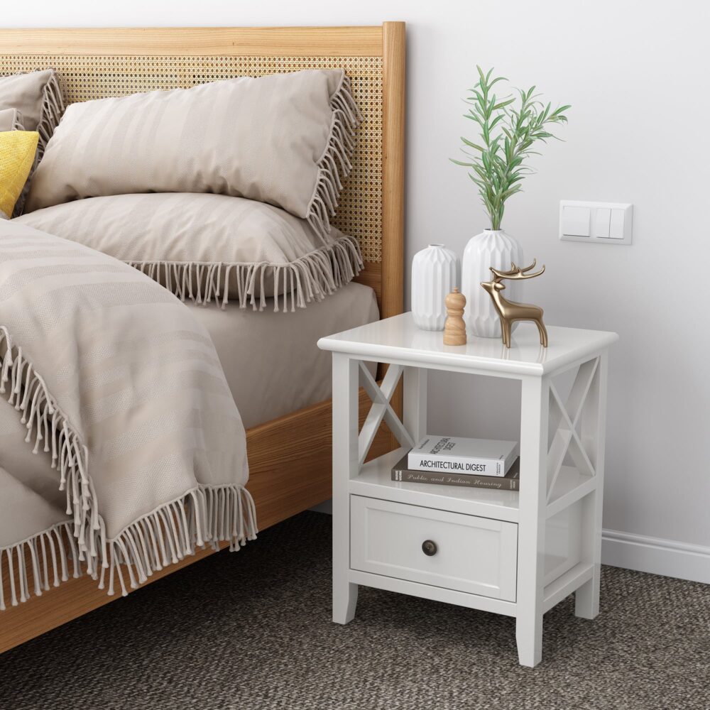 2-tier Bedside Table with Storage Drawer 2 PC Rustic White - Cosy Abode