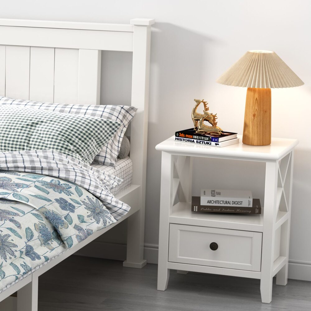 2-tier Bedside Table with Storage Drawer 2 PC Rustic White - Cosy Abode