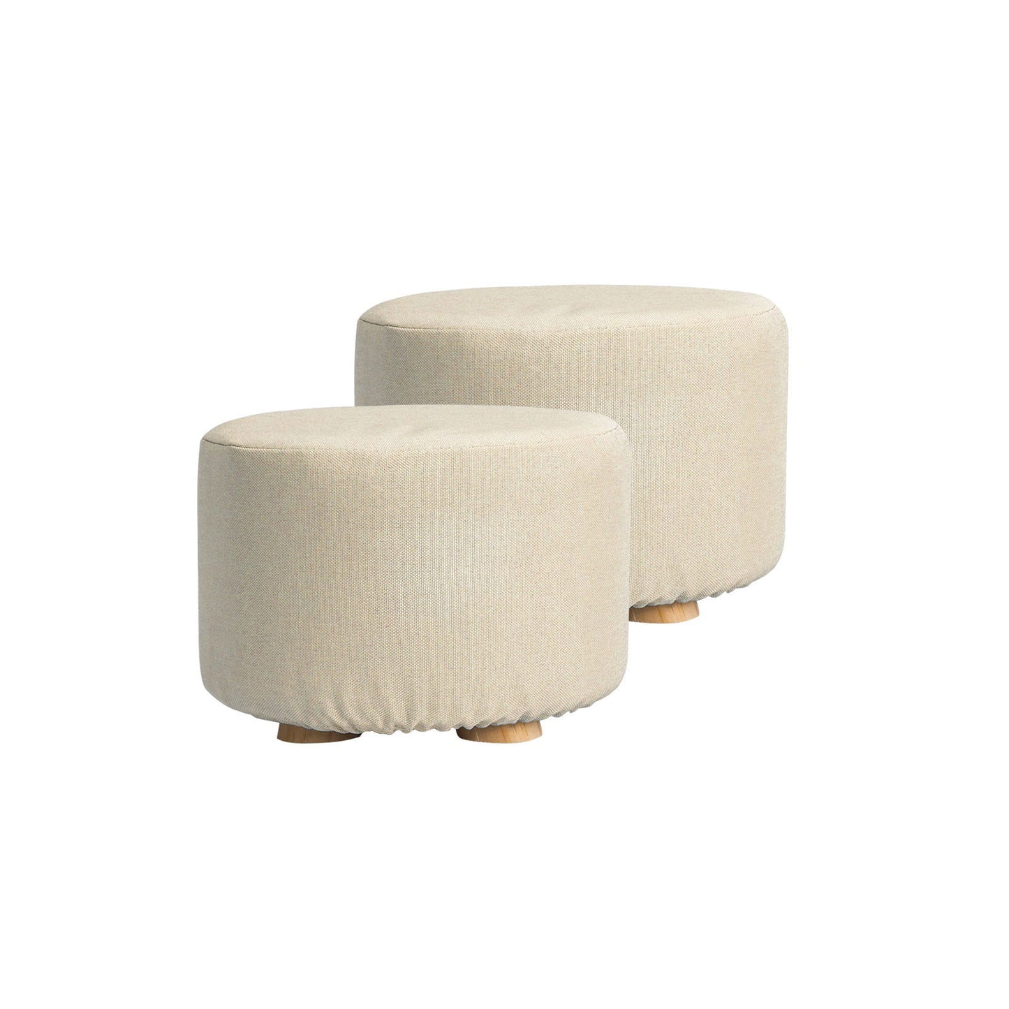 2X Fabric Ottoman Round Wooden Leg Foot Stool - BEIGE - Cosy Abode