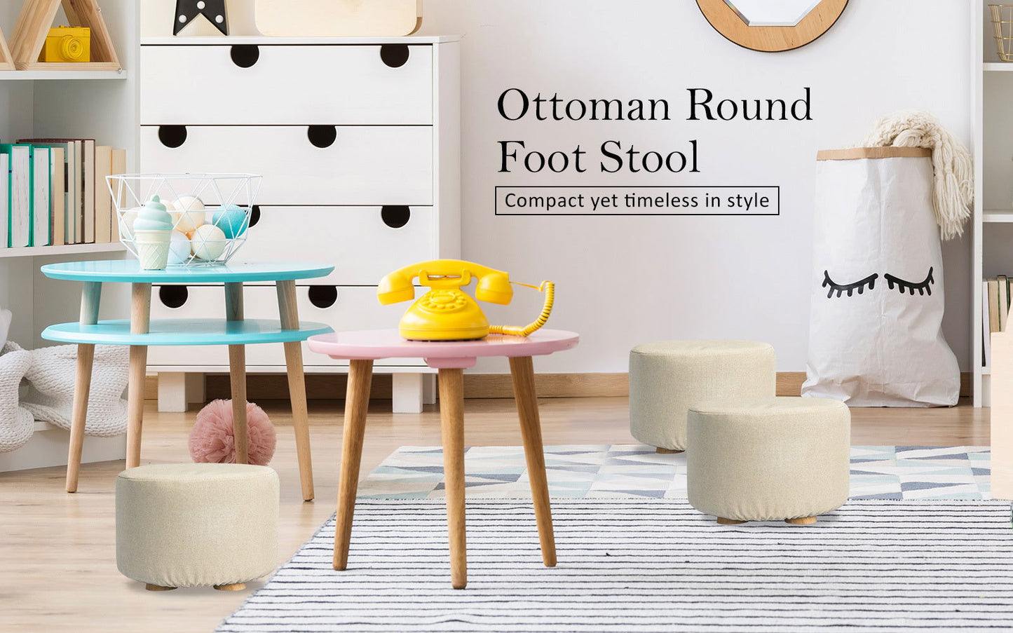 2X Fabric Ottoman Round Wooden Leg Foot Stool - BEIGE - Cosy Abode