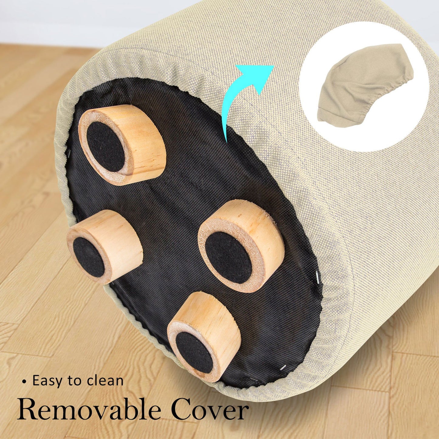 2X Fabric Ottoman Round Wooden Leg Foot Stool - BEIGE - Cosy Abode