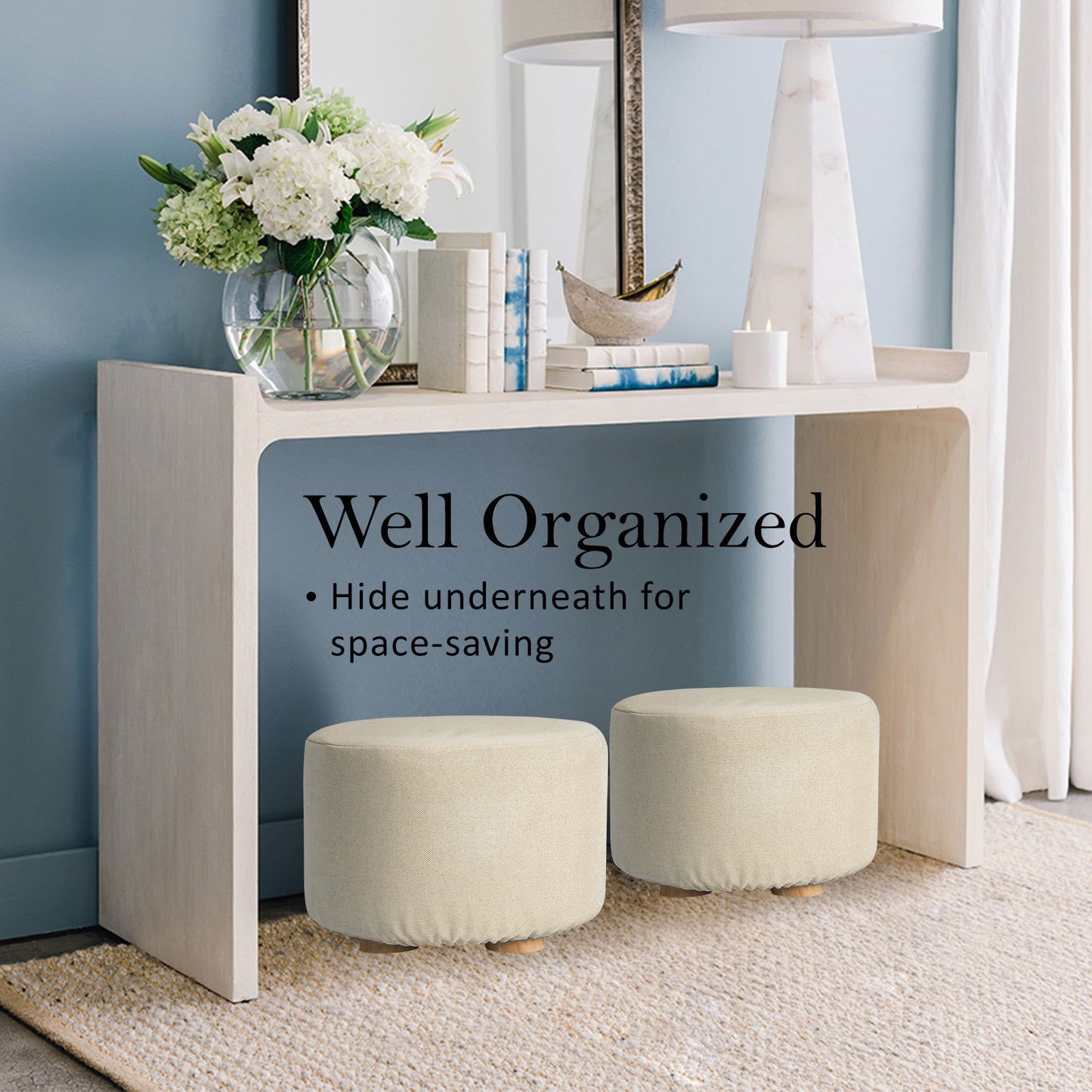 2X Fabric Ottoman Round Wooden Leg Foot Stool - BEIGE - Cosy Abode
