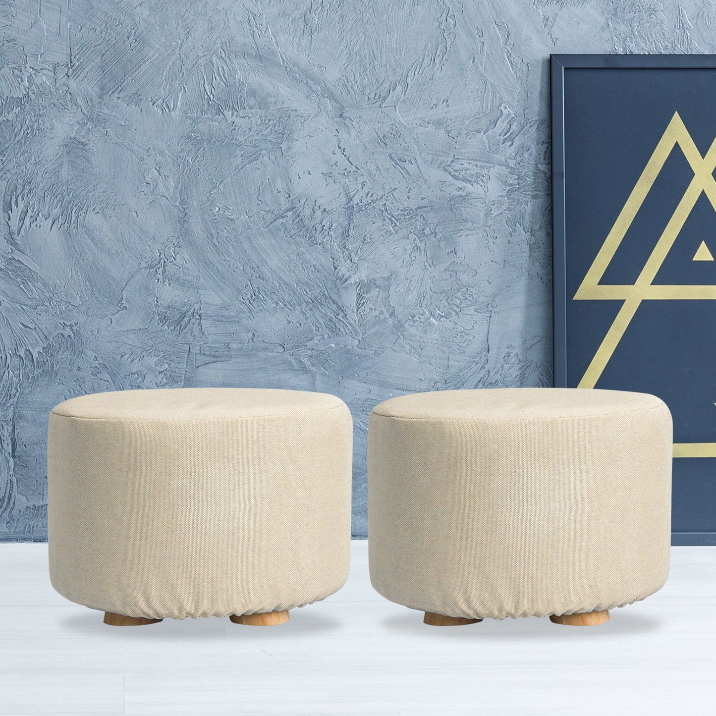 2X Fabric Ottoman Round Wooden Leg Foot Stool - BEIGE - Cosy Abode