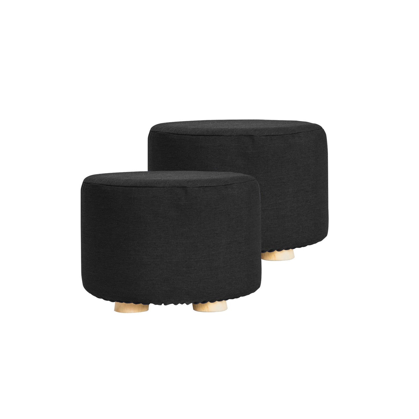 2X Fabric Ottoman Round Wooden Leg Foot Stool - BLACK - Cosy Abode