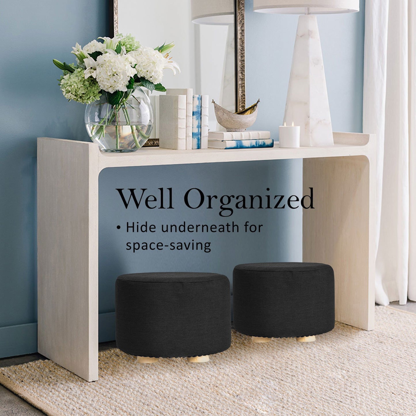 2X Fabric Ottoman Round Wooden Leg Foot Stool - BLACK - Cosy Abode