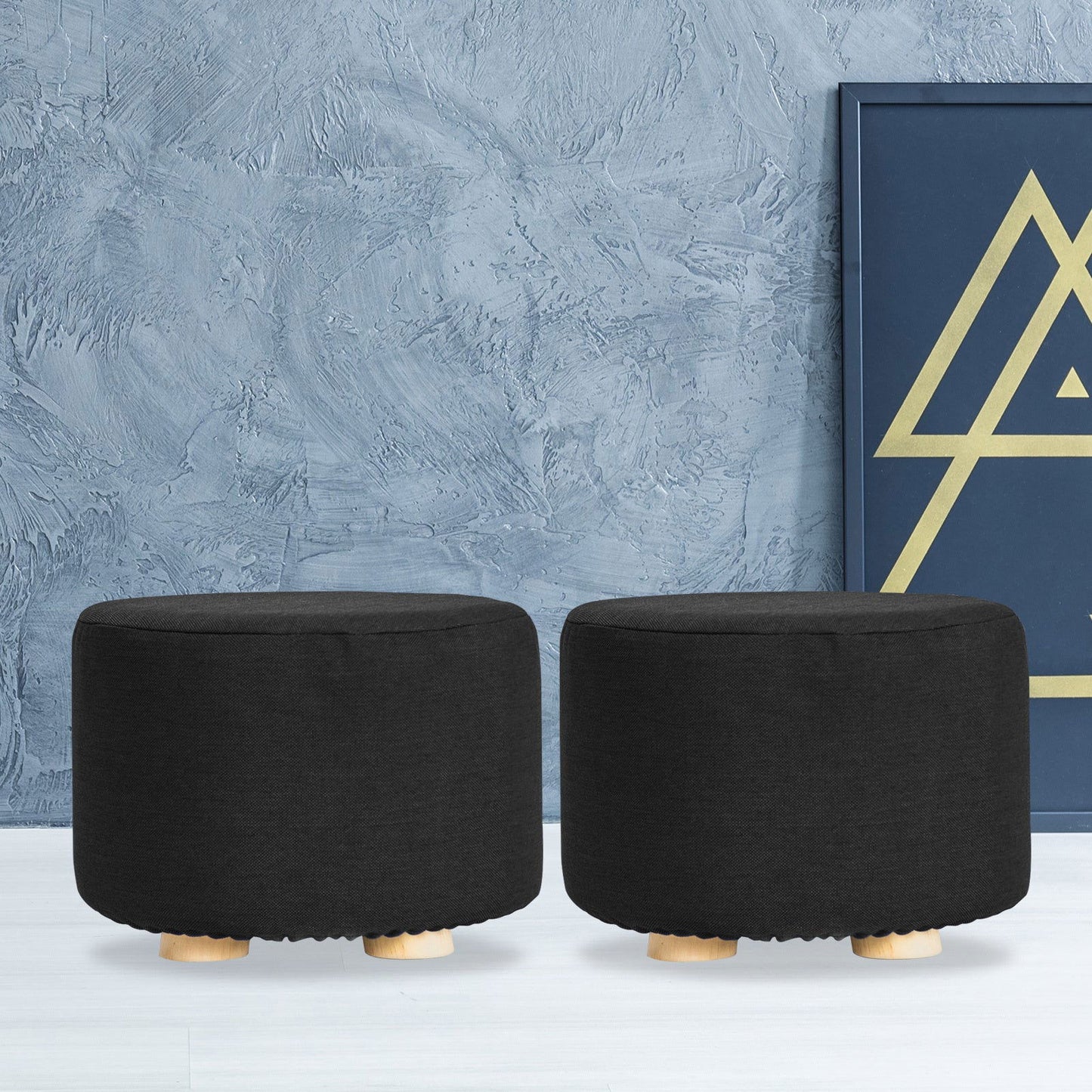 2X Fabric Ottoman Round Wooden Leg Foot Stool - BLACK - Cosy Abode