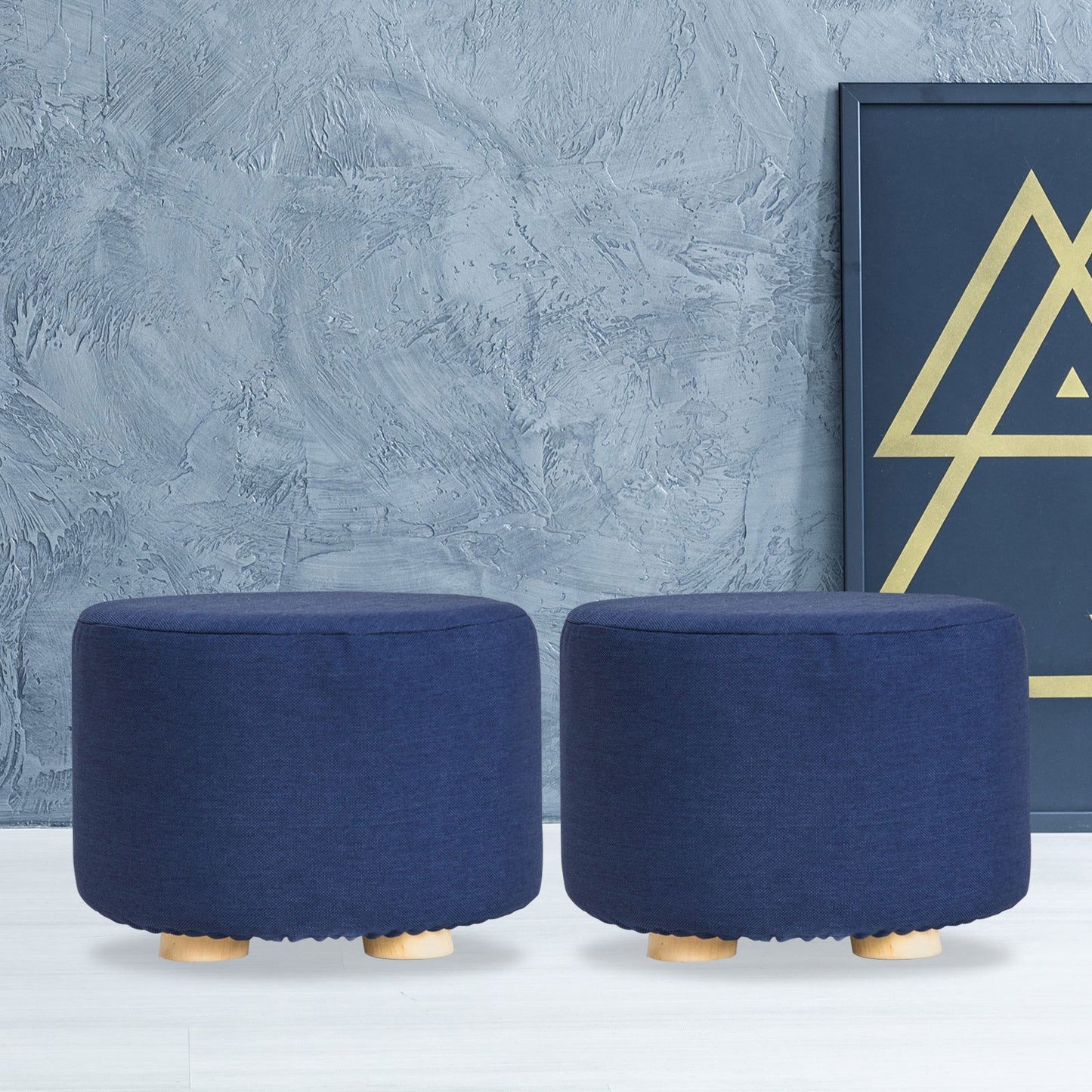 2X Fabric Ottoman Round Wooden Leg Foot Stool - DARK BLUE - Cosy Abode