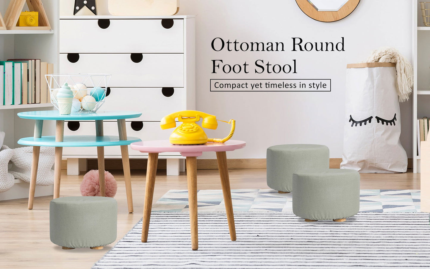 2X Fabric Ottoman Round Wooden Leg Foot Stool - GREY - Cosy Abode