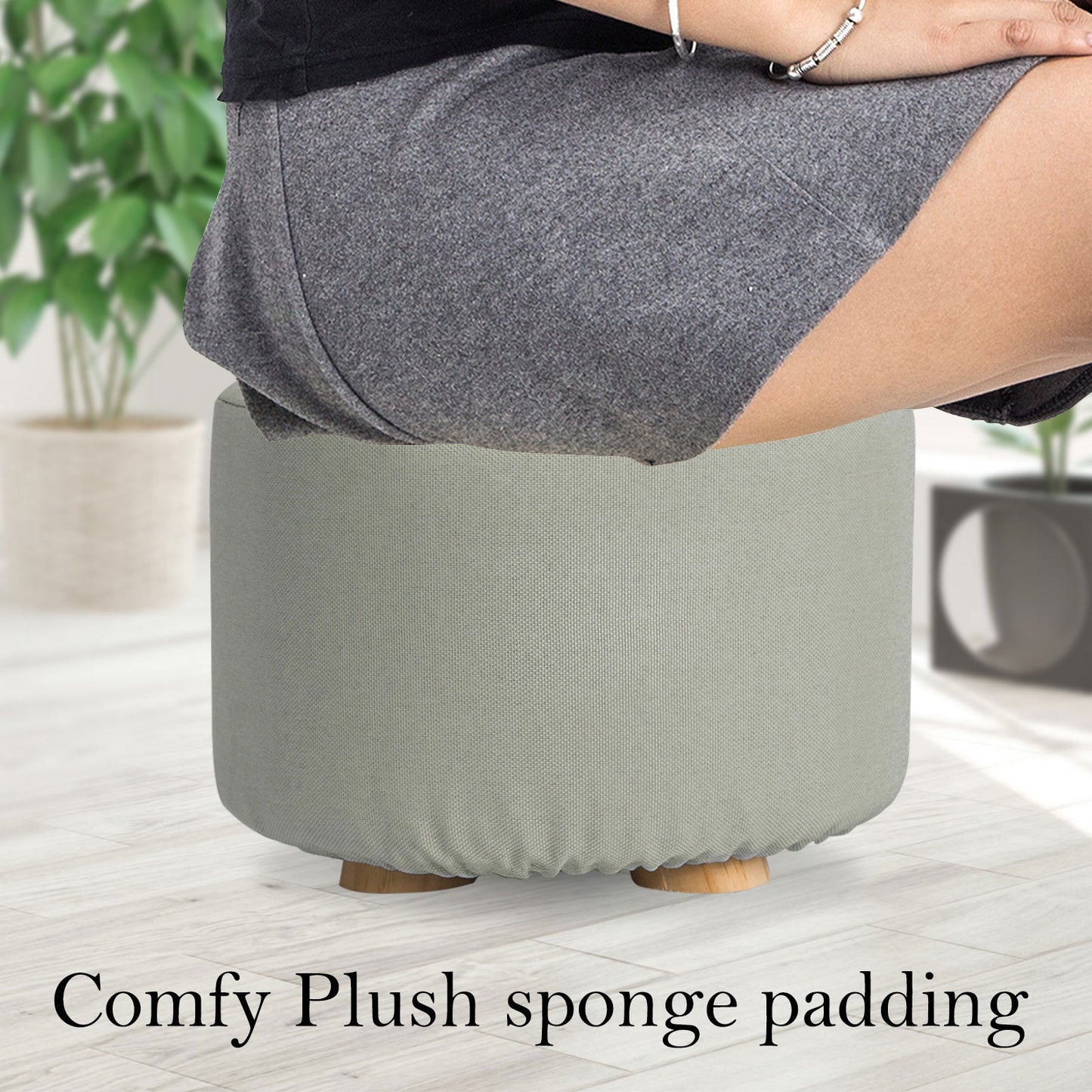 2X Fabric Ottoman Round Wooden Leg Foot Stool - GREY - Cosy Abode