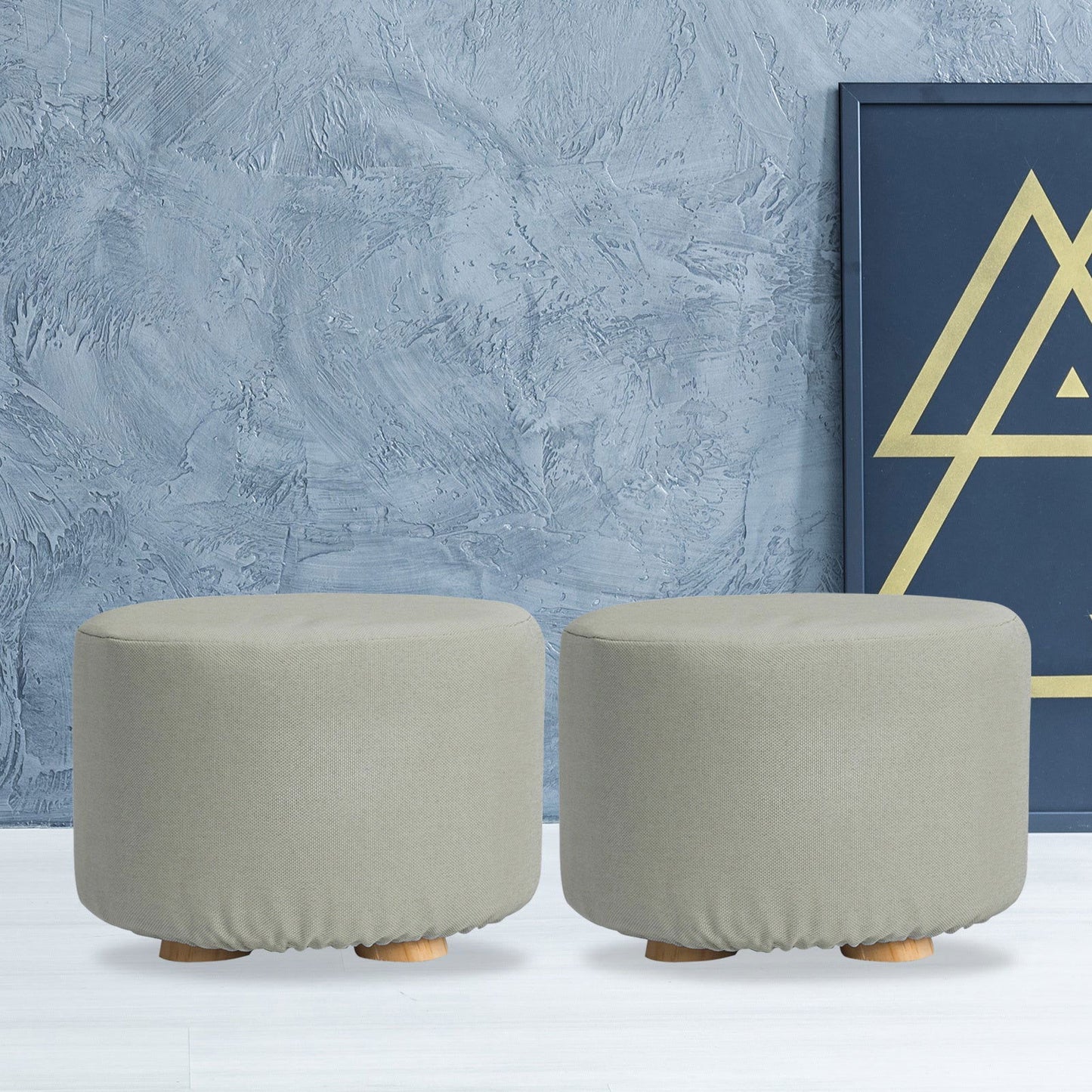 2X Fabric Ottoman Round Wooden Leg Foot Stool - GREY - Cosy Abode
