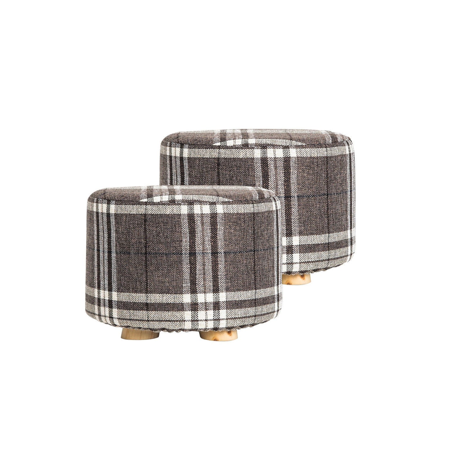 2X Fabric Ottoman Round Wooden Leg Foot Stool - LATTICE - Cosy Abode