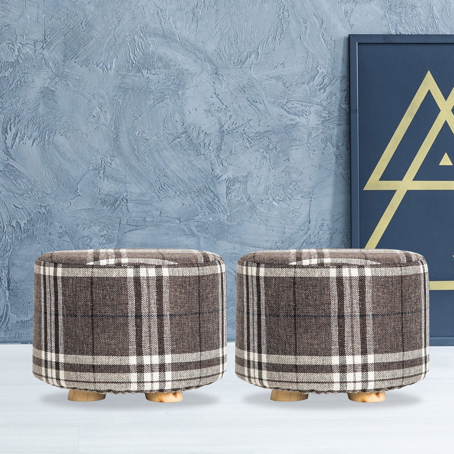 2X Fabric Ottoman Round Wooden Leg Foot Stool - LATTICE - Cosy Abode