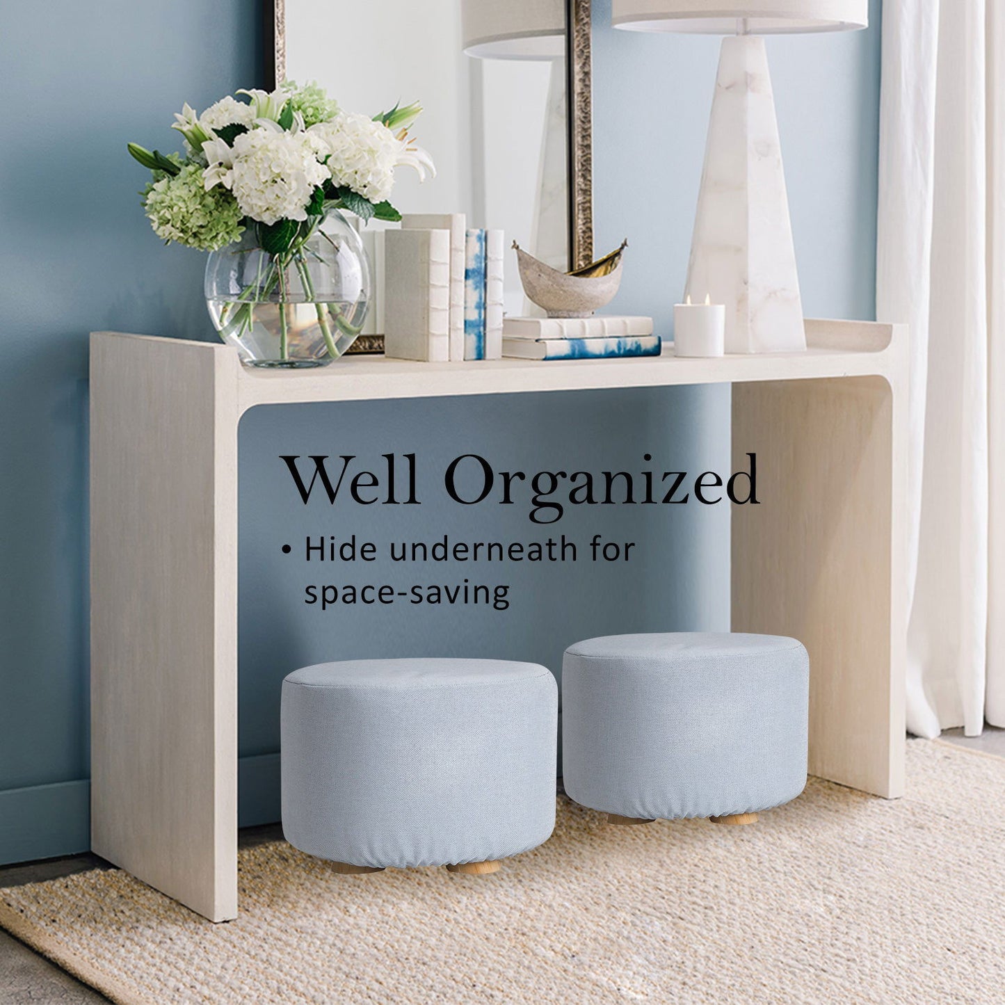 2X Fabric Ottoman Round Wooden Leg Foot Stool - LIGHT BLUE - Cosy Abode
