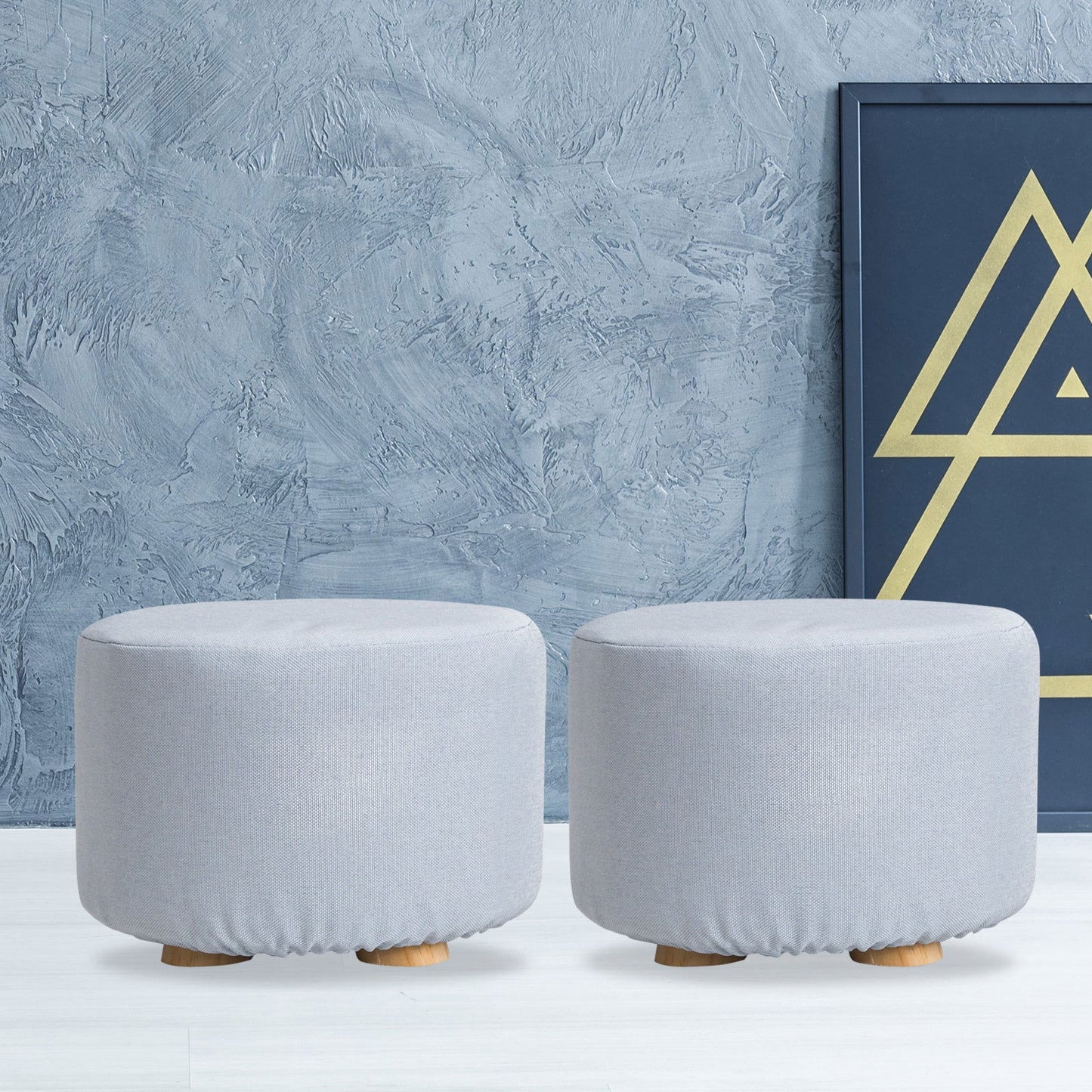 2X Fabric Ottoman Round Wooden Leg Foot Stool - LIGHT BLUE - Cosy Abode