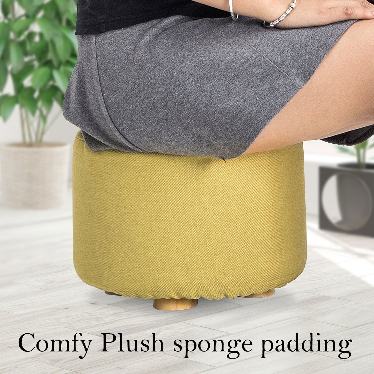 2X Fabric Ottoman Round Wooden Leg Foot Stool - Mustard Yellow - Cosy Abode