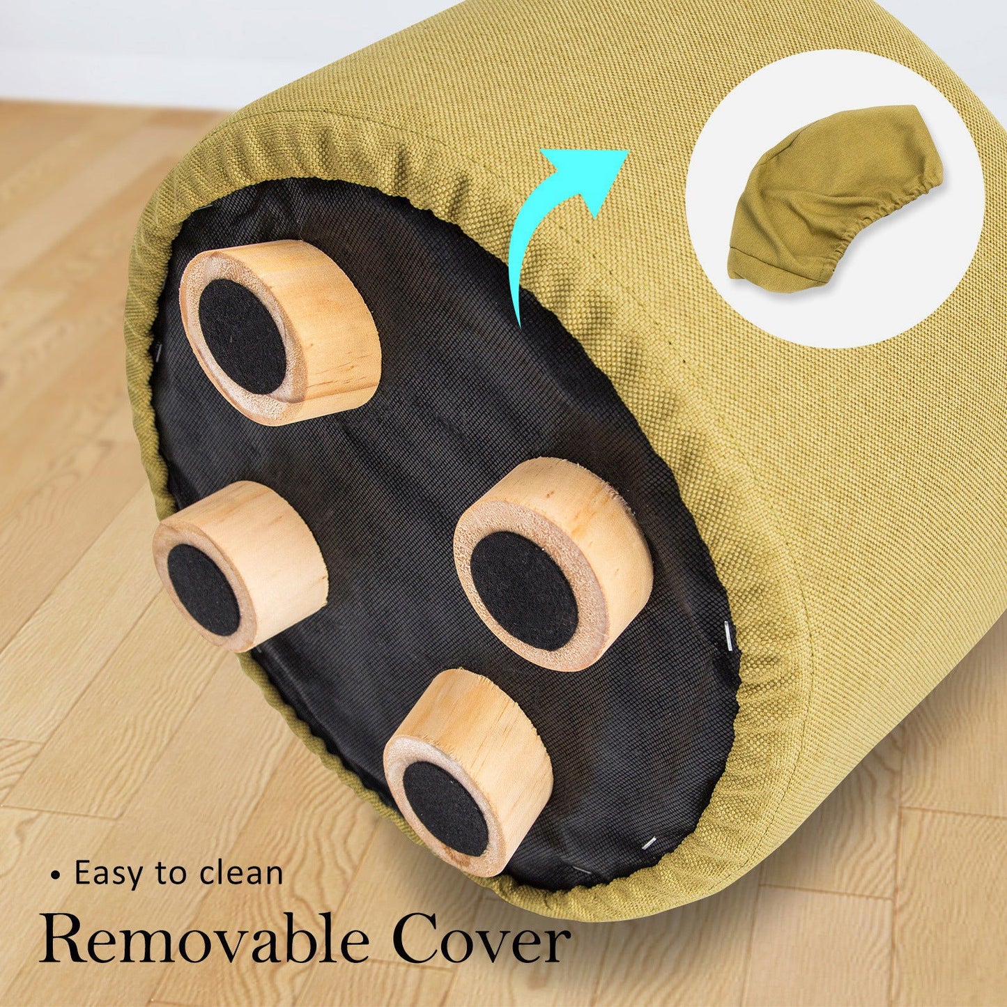 2X Fabric Ottoman Round Wooden Leg Foot Stool - Mustard Yellow - Cosy Abode