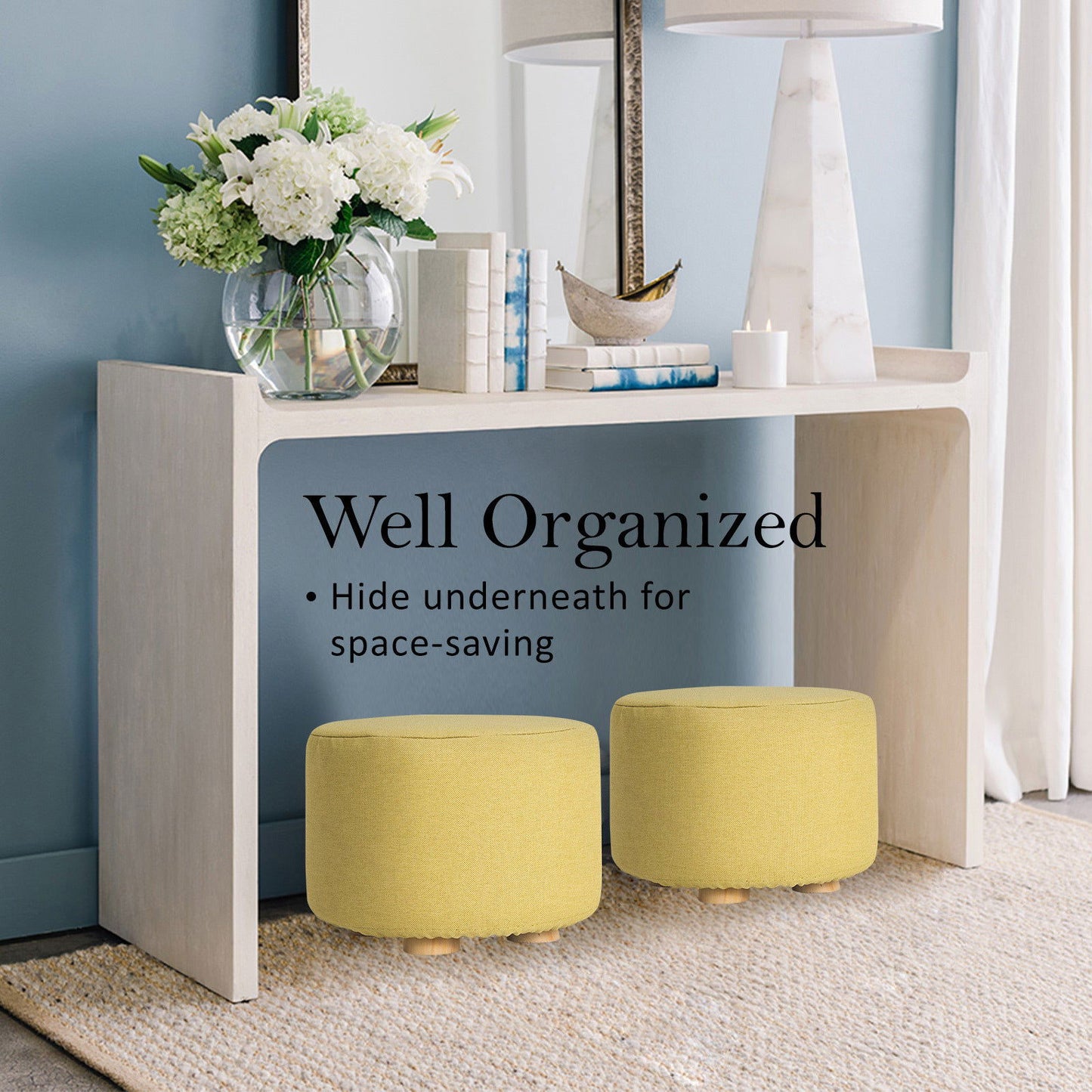 2X Fabric Ottoman Round Wooden Leg Foot Stool - Mustard Yellow - Cosy Abode
